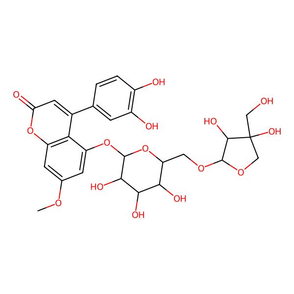 2D Structure of 5-[(2S,3R,4S,5S,6R)-6-[[(2R,3R,4R)-3,4-dihydroxy-4-(hydroxymethyl)oxolan-2-yl]oxymethyl]-3,4,5-trihydroxyoxan-2-yl]oxy-4-(3,4-dihydroxyphenyl)-7-methoxychromen-2-one