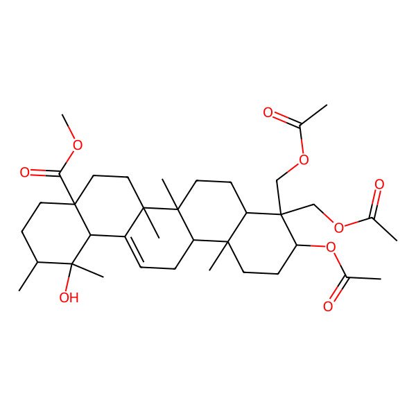 2D Structure of methyl (1R,2R,4aS,6aR,6aS,6bR,8aR,10S,12aR,14bS)-10-acetyloxy-9,9-bis(acetyloxymethyl)-1-hydroxy-1,2,6a,6b,12a-pentamethyl-2,3,4,5,6,6a,7,8,8a,10,11,12,13,14b-tetradecahydropicene-4a-carboxylate