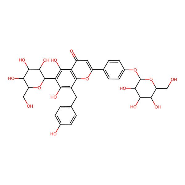 2D Structure of 5,7-dihydroxy-8-[(4-hydroxyphenyl)methyl]-6-[(2S,3R,4R,5S,6R)-3,4,5-trihydroxy-6-(hydroxymethyl)oxan-2-yl]-2-[4-[(2S,3R,4R,5S,6R)-3,4,5-trihydroxy-6-(hydroxymethyl)oxan-2-yl]oxyphenyl]chromen-4-one