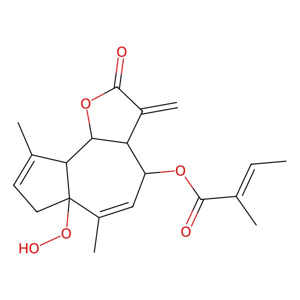 2D Structure of (6a-hydroperoxy-6,9-dimethyl-3-methylidene-2-oxo-4,7,9a,9b-tetrahydro-3aH-azuleno[4,5-b]furan-4-yl) 2-methylbut-2-enoate