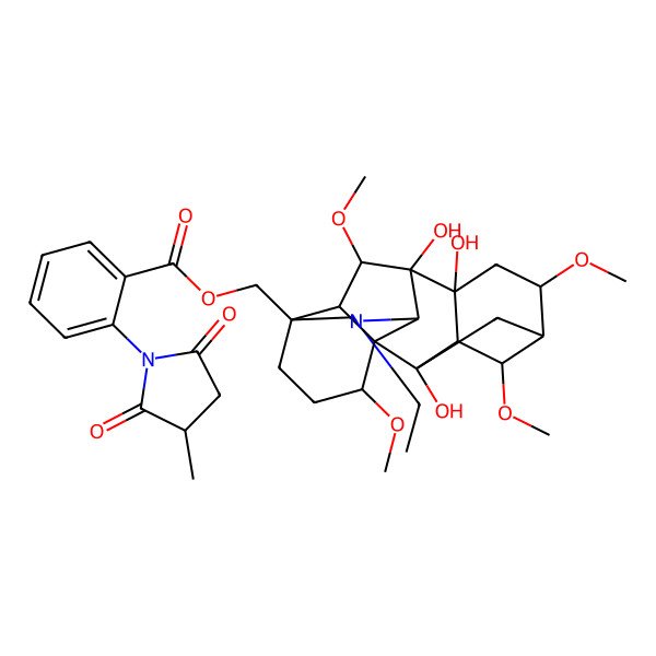 2D Structure of [(1R,2S,3S,4S,5R,6S,8R,9R,10S,13S,16S,17R,18S)-11-ethyl-2,8,9-trihydroxy-4,6,16,18-tetramethoxy-11-azahexacyclo[7.7.2.12,5.01,10.03,8.013,17]nonadecan-13-yl]methyl 2-[(3R)-3-methyl-2,5-dioxopyrrolidin-1-yl]benzoate