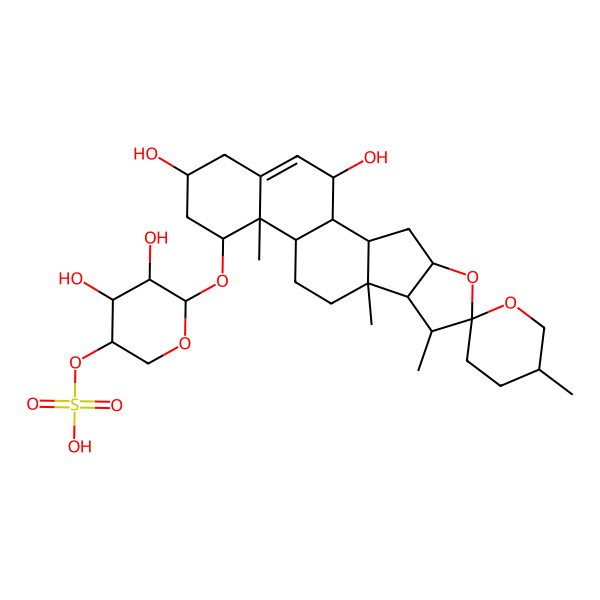 2D Structure of [6-(16,20-Dihydroxy-5',7,9,13-tetramethylspiro[5-oxapentacyclo[10.8.0.02,9.04,8.013,18]icos-18-ene-6,2'-oxane]-14-yl)oxy-4,5-dihydroxyoxan-3-yl] hydrogen sulfate