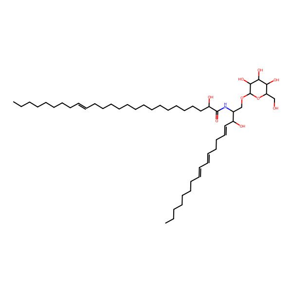 2D Structure of (2R)-2-hydroxy-N-[(2S,3R,4E,8E,10E)-3-hydroxy-1-[(2R,3R,4S,5S,6R)-3,4,5-trihydroxy-6-(hydroxymethyl)oxan-2-yl]oxyoctadeca-4,8,10-trien-2-yl]hexacos-17-enamide