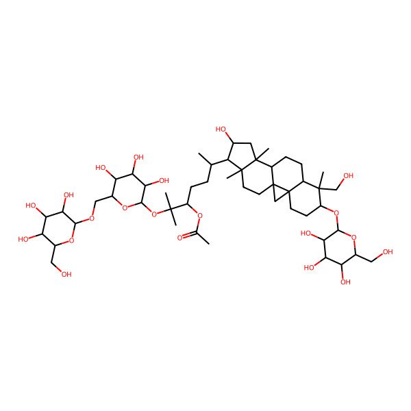 2D Structure of [(3S,6R)-6-[(1R,3R,6S,7S,8R,11S,12S,14S,15R,16R)-14-hydroxy-7-(hydroxymethyl)-7,12,16-trimethyl-6-[(2R,3R,4S,5S,6R)-3,4,5-trihydroxy-6-(hydroxymethyl)oxan-2-yl]oxy-15-pentacyclo[9.7.0.01,3.03,8.012,16]octadecanyl]-2-methyl-2-[(2S,3R,4S,5S,6R)-3,4,5-trihydroxy-6-[[(2R,3R,4S,5S,6R)-3,4,5-trihydroxy-6-(hydroxymethyl)oxan-2-yl]oxymethyl]oxan-2-yl]oxyheptan-3-yl] acetate