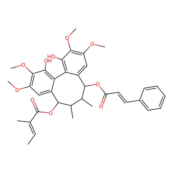 2D Structure of [(8R,9R,10S,11R)-3,16-dihydroxy-4,5,14,15-tetramethoxy-9,10-dimethyl-11-[(E)-3-phenylprop-2-enoyl]oxy-8-tricyclo[10.4.0.02,7]hexadeca-1(16),2,4,6,12,14-hexaenyl] (Z)-2-methylbut-2-enoate