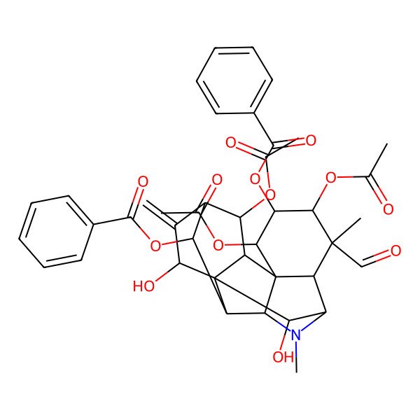 2D Structure of [(1R,3R,4S,5R,6R,7S,8S,9R,13S,14R,16S,17S,18S)-4,6,18-triacetyloxy-5-benzoyloxy-7-formyl-16,17-dihydroxy-7,10-dimethyl-15-methylidene-10-azahexacyclo[7.7.1.12,14.01,12.03,8.03,11]octadecan-13-yl] benzoate
