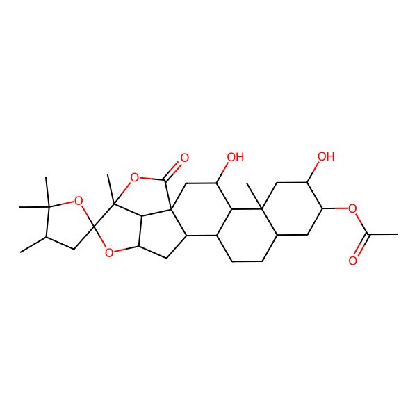 2D Structure of [(1R,3S,3'S,4S,5S,7R,8S,10S,13S,14S,16S,18S,19R,22R)-3,7-dihydroxy-2',2',3',5,19-pentamethyl-21-oxospiro[17,20-dioxahexacyclo[14.5.1.01,14.04,13.05,10.019,22]docosane-18,5'-oxolane]-8-yl] acetate