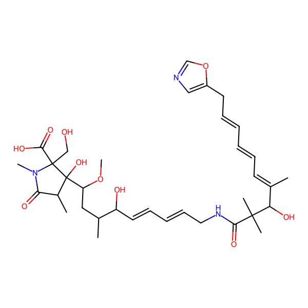 2D Structure of 3-Hydroxy-3-[4-hydroxy-9-[[3-hydroxy-2,2,4-trimethyl-10-(1,3-oxazol-5-yl)deca-4,6,8-trienoyl]amino]-1-methoxy-3-methylnona-5,7-dienyl]-2-(hydroxymethyl)-1,4-dimethyl-5-oxopyrrolidine-2-carboxylic acid