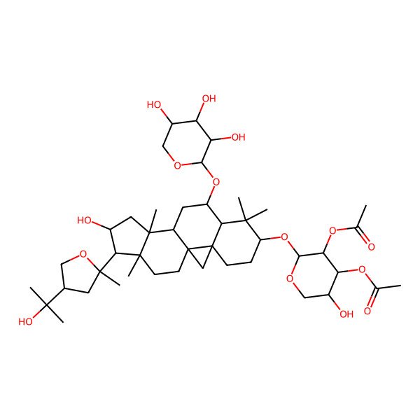 2D Structure of [(2S,3R,4S,5R)-3-acetyloxy-5-hydroxy-2-[[(1S,3R,6S,8R,9S,11S,12S,14S,15R,16R)-14-hydroxy-15-[(2R,4R)-4-(2-hydroxypropan-2-yl)-2-methyloxolan-2-yl]-7,7,12,16-tetramethyl-9-[(2S,3R,4S,5R)-3,4,5-trihydroxyoxan-2-yl]oxy-6-pentacyclo[9.7.0.01,3.03,8.012,16]octadecanyl]oxy]oxan-4-yl] acetate