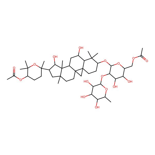 2D Structure of [(2R,3S,4S,5R,6R)-6-[[(1S,3R,6S,8R,9S,11R,12S,13R,14R,16R)-14-[(2R,5S)-5-acetyloxy-2,6,6-trimethyloxan-2-yl]-9,13-dihydroxy-7,7,12,16-tetramethyl-6-pentacyclo[9.7.0.01,3.03,8.012,16]octadecanyl]oxy]-3,4-dihydroxy-5-[(2S,3R,4R,5R,6S)-3,4,5-trihydroxy-6-methyloxan-2-yl]oxyoxan-2-yl]methyl acetate