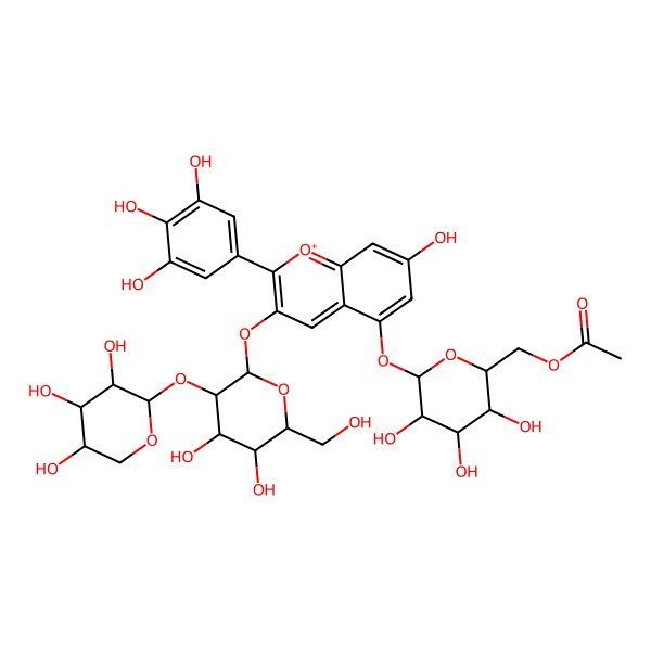 2D Structure of [(2R,3S,4S,5R,6S)-6-[3-[(2S,3S,4S,5R,6S)-4,5-dihydroxy-6-(hydroxymethyl)-3-[(2R,3R,4S,5S)-3,4,5-trihydroxyoxan-2-yl]oxyoxan-2-yl]oxy-7-hydroxy-2-(3,4,5-trihydroxyphenyl)chromenylium-5-yl]oxy-3,4,5-trihydroxyoxan-2-yl]methyl acetate