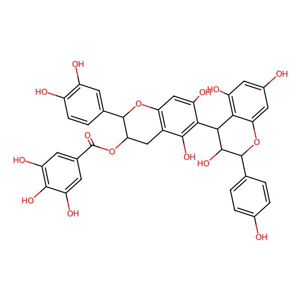 2D Structure of [(2R,3R)-2-(3,4-dihydroxyphenyl)-5,7-dihydroxy-6-[(2R,3R,4S)-3,5,7-trihydroxy-2-(4-hydroxyphenyl)-3,4-dihydro-2H-chromen-4-yl]-3,4-dihydro-2H-chromen-3-yl] 3,4,5-trihydroxybenzoate