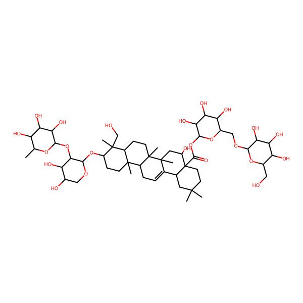 2D Structure of [(2S,3R,4S,5S,6R)-3,4,5-trihydroxy-6-[[(2R,3R,4S,5S,6R)-3,4,5-trihydroxy-6-(hydroxymethyl)oxan-2-yl]oxymethyl]oxan-2-yl] (4aR,5R,6aR,6aS,6bR,8aR,9R,10S,12aR,14bS)-10-[(2S,3R,4S,5S)-4,5-dihydroxy-3-[(2S,3R,4R,5R,6S)-3,4,5-trihydroxy-6-methyloxan-2-yl]oxyoxan-2-yl]oxy-5-hydroxy-9-(hydroxymethyl)-2,2,6a,6b,9,12a-hexamethyl-1,3,4,5,6,6a,7,8,8a,10,11,12,13,14b-tetradecahydropicene-4a-carboxylate
