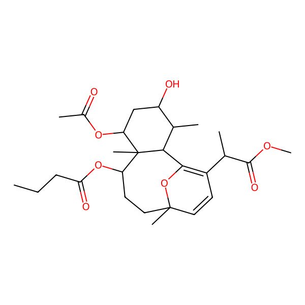 2D Structure of [(2S,3S,4R,6S,7S,8R,11R)-6-acetyloxy-4-hydroxy-14-[(2R)-1-methoxy-1-oxopropan-2-yl]-3,7,11-trimethyl-15-oxatricyclo[9.3.1.02,7]pentadeca-1(14),12-dien-8-yl] butanoate