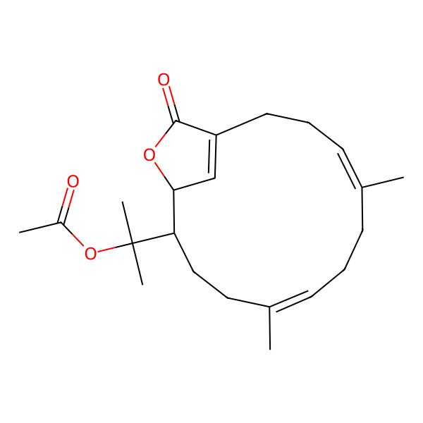 2D Structure of 2-[(4E,8E,12S,13S)-5,9-dimethyl-15-oxo-14-oxabicyclo[11.2.1]hexadeca-1(16),4,8-trien-12-yl]propan-2-yl acetate