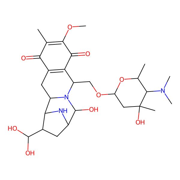 2D Structure of 15-(Dihydroxymethyl)-10-[[5-(dimethylamino)-4-hydroxy-4,6-dimethyloxan-2-yl]oxymethyl]-12-hydroxy-7-methoxy-6-methyl-11,16-diazatetracyclo[11.2.1.02,11.04,9]hexadeca-4(9),6-diene-5,8-dione