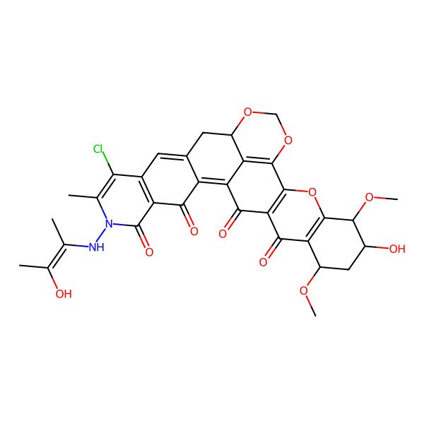 2D Structure of 8-chloro-22-hydroxy-6-[[(Z)-3-hydroxybut-2-en-2-yl]amino]-21,24-dimethoxy-7-methyl-14,16,19-trioxa-6-azaheptacyclo[15.11.1.02,11.04,9.013,29.018,27.020,25]nonacosa-1,4(9),7,10,17(29),18(27),20(25)-heptaene-3,5,26,28-tetrone