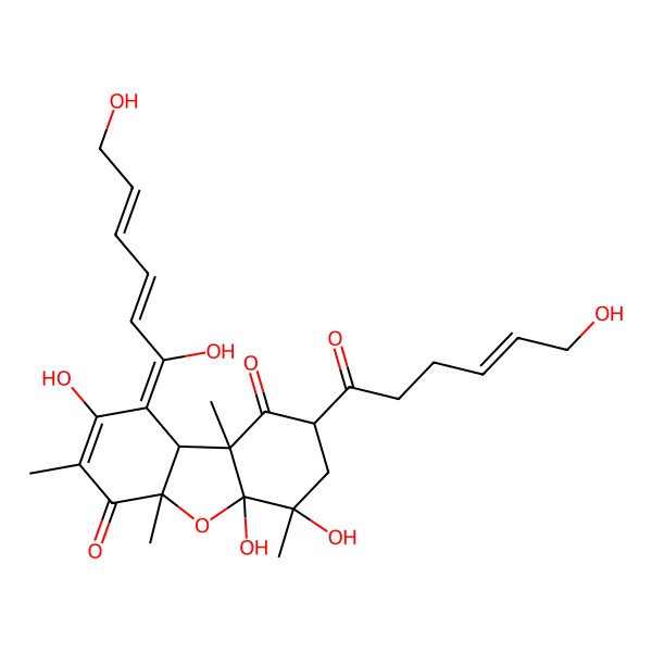 2D Structure of 9-(1,6-dihydroxyhexa-2,4-dienylidene)-4,4a,8-trihydroxy-2-(6-hydroxyhex-4-enoyl)-4,5a,7,9b-tetramethyl-3,9a-dihydro-2H-dibenzofuran-1,6-dione