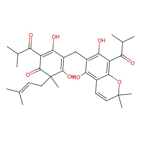 2D Structure of 4-[[5,7-Dihydroxy-2,2-dimethyl-8-(2-methylpropanoyl)chromen-6-yl]methyl]-3,5-dihydroxy-6-methyl-6-(3-methylbut-2-enyl)-2-(2-methylpropanoyl)cyclohexa-2,4-dien-1-one