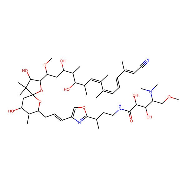 2D Structure of (2R,3R,4R)-N-[(3R)-3-[4-[(E)-3-[(2R,3S,5S,7S,8R,9R)-2-[(1R,3R,4R,5S,6S,7E,9E,11E,13Z)-14-cyano-3,5-dihydroxy-1-methoxy-4,6,8,9,13-pentamethyltetradeca-7,9,11,13-tetraenyl]-3,7-dihydroxy-4,4,8-trimethyl-1,10-dioxaspiro[4.5]decan-9-yl]prop-1-enyl]-1,3-oxazol-2-yl]butyl]-4-(dimethylamino)-2,3-dihydroxy-5-methoxypentanamide