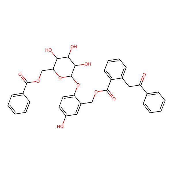 2D Structure of [2-[(2R,3S,4R,5R,6S)-6-(benzoyloxymethyl)-3,4,5-trihydroxyoxan-2-yl]oxy-5-hydroxyphenyl]methyl 2-phenacylbenzoate
