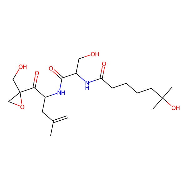 2D Structure of 6-hydroxy-N-[(2S)-3-hydroxy-1-[[(2S)-1-[(2R)-2-(hydroxymethyl)oxiran-2-yl]-4-methyl-1-oxopent-4-en-2-yl]amino]-1-oxopropan-2-yl]-6-methylheptanamide