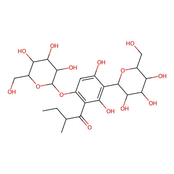 2D Structure of (2S)-1-[2,4-dihydroxy-3-[(2S,3R,4R,5S,6R)-3,4,5-trihydroxy-6-(hydroxymethyl)oxan-2-yl]-6-[(2S,3R,4R,5S,6R)-3,4,5-trihydroxy-6-(hydroxymethyl)oxan-2-yl]oxyphenyl]-2-methylbutan-1-one