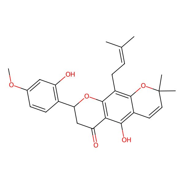 2D Structure of 5-Hydroxy-8-(2-hydroxy-4-methoxyphenyl)-2,2-dimethyl-10-(3-methylbut-2-enyl)-7,8-dihydropyrano[3,2-g]chromen-6-one