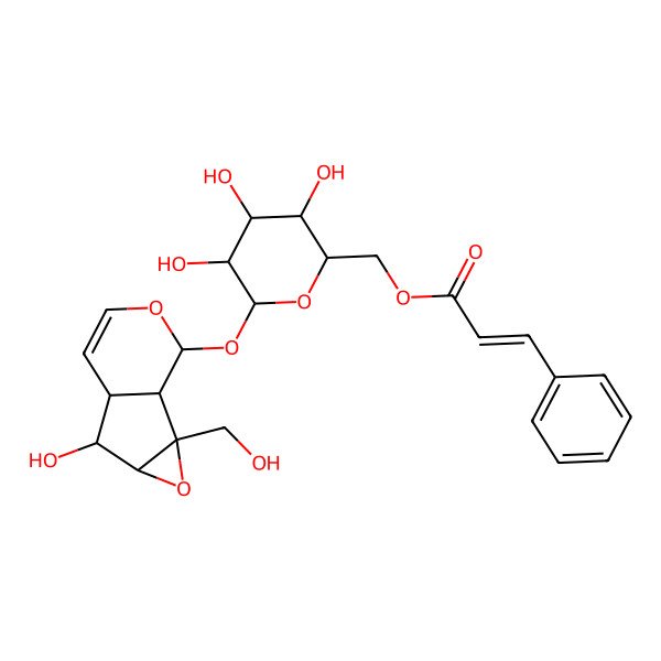 2D Structure of [(2R,3S,4S,5R,6S)-3,4,5-trihydroxy-6-[[(1R,6S)-5-hydroxy-2-(hydroxymethyl)-3,9-dioxatricyclo[4.4.0.02,4]dec-7-en-10-yl]oxy]oxan-2-yl]methyl (E)-3-phenylprop-2-enoate