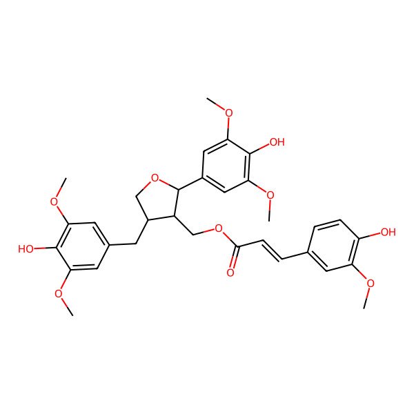2D Structure of [(2S,3R,4R)-2-(4-hydroxy-3,5-dimethoxyphenyl)-4-[(4-hydroxy-3,5-dimethoxyphenyl)methyl]oxolan-3-yl]methyl 3-(4-hydroxy-3-methoxyphenyl)prop-2-enoate