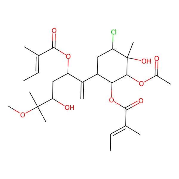 2D Structure of [2-Acetyloxy-4-chloro-3-hydroxy-6-[5-hydroxy-6-methoxy-6-methyl-3-(2-methylbut-2-enoyloxy)hept-1-en-2-yl]-3-methylcyclohexyl] 2-methylbut-2-enoate