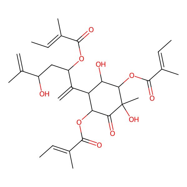 2D Structure of [3,5-Dihydroxy-6-[5-hydroxy-6-methyl-3-(2-methylbut-2-enoyloxy)hepta-1,6-dien-2-yl]-3-methyl-4-(2-methylbut-2-enoyloxy)-2-oxocyclohexyl] 2-methylbut-2-enoate