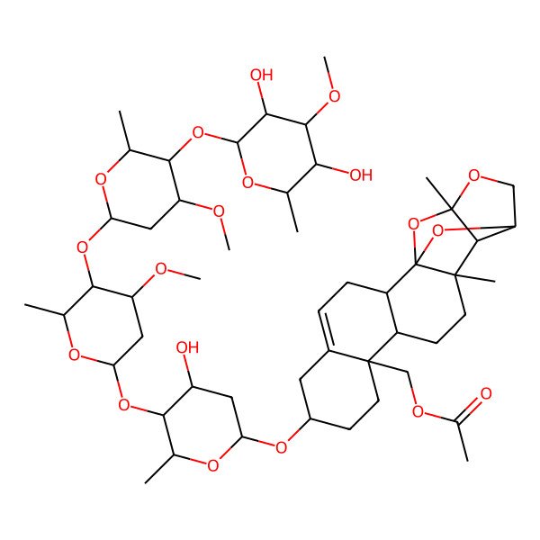 2D Structure of [(1S,2R,7S,10S,11S,14R,15R,16R,19S)-7-[5-[5-[5-(3,5-dihydroxy-4-methoxy-6-methyloxan-2-yl)oxy-4-methoxy-6-methyloxan-2-yl]oxy-4-methoxy-6-methyloxan-2-yl]oxy-4-hydroxy-6-methyloxan-2-yl]oxy-14,16-dimethyl-17,20,21-trioxahexacyclo[14.4.1.01,14.02,11.05,10.015,19]henicos-4-en-10-yl]methyl acetate