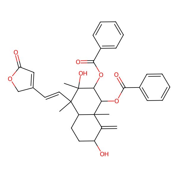2D Structure of [(1R,2S,3R,4R,4aS,7S,8aR)-2-benzoyloxy-3,7-dihydroxy-3,4,8a-trimethyl-8-methylidene-4-[(E)-2-(5-oxo-2H-furan-3-yl)ethenyl]-1,2,4a,5,6,7-hexahydronaphthalen-1-yl] benzoate