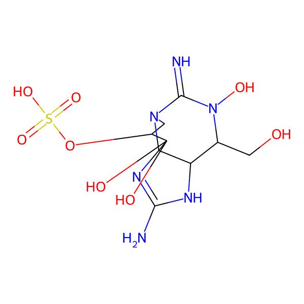 2D Structure of [(3aS,4R,9R,10aS)-2-amino-5,10,10-trihydroxy-4-(hydroxymethyl)-6-imino-3a,4,8,9-tetrahydro-3H-pyrrolo[1,2-c]purin-9-yl] hydrogen sulfate