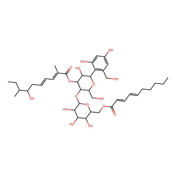 2D Structure of [(2S,3R,4R,5R,6S)-5-[(2S,3R,4S,5R,6R)-6-[[(2E,4Z)-deca-2,4-dienoyl]oxymethyl]-3,4,5-trihydroxyoxan-2-yl]oxy-2-[2,4-dihydroxy-6-(hydroxymethyl)phenyl]-3-hydroxy-6-(hydroxymethyl)oxan-4-yl] (2E,4E,7S,8R)-7-hydroxy-2,8-dimethyldeca-2,4-dienoate