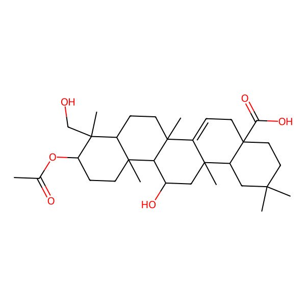 2D Structure of 10-Acetyloxy-13-hydroxy-9-(hydroxymethyl)-2,2,6b,9,12a,14a-hexamethyl-1,3,4,5,6a,7,8,8a,10,11,12,13,14,14b-tetradecahydropicene-4a-carboxylic acid