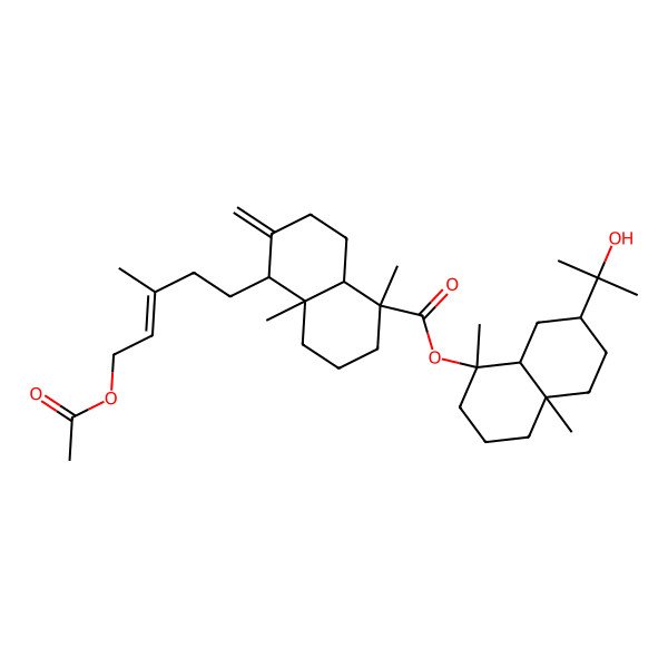2D Structure of [7-(2-hydroxypropan-2-yl)-1,4a-dimethyl-2,3,4,5,6,7,8,8a-octahydronaphthalen-1-yl] 5-(5-acetyloxy-3-methylpent-3-enyl)-1,4a-dimethyl-6-methylidene-3,4,5,7,8,8a-hexahydro-2H-naphthalene-1-carboxylate