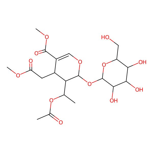 2D Structure of methyl (2S,3S,4S)-3-[(1R)-1-acetyloxyethyl]-4-(2-methoxy-2-oxoethyl)-2-[(2S,3R,4S,5S,6R)-3,4,5-trihydroxy-6-(hydroxymethyl)oxan-2-yl]oxy-3,4-dihydro-2H-pyran-5-carboxylate