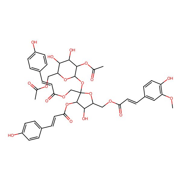 2D Structure of [(2S,3S,4R,5R)-2-[(2R,3R,4S,5R,6R)-3-acetyloxy-6-(acetyloxymethyl)-4,5-dihydroxyoxan-2-yl]oxy-4-hydroxy-5-[[(E)-3-(4-hydroxy-3-methoxyphenyl)prop-2-enoyl]oxymethyl]-3-[(E)-3-(4-hydroxyphenyl)prop-2-enoyl]oxyoxolan-2-yl]methyl (E)-3-(4-hydroxyphenyl)prop-2-enoate