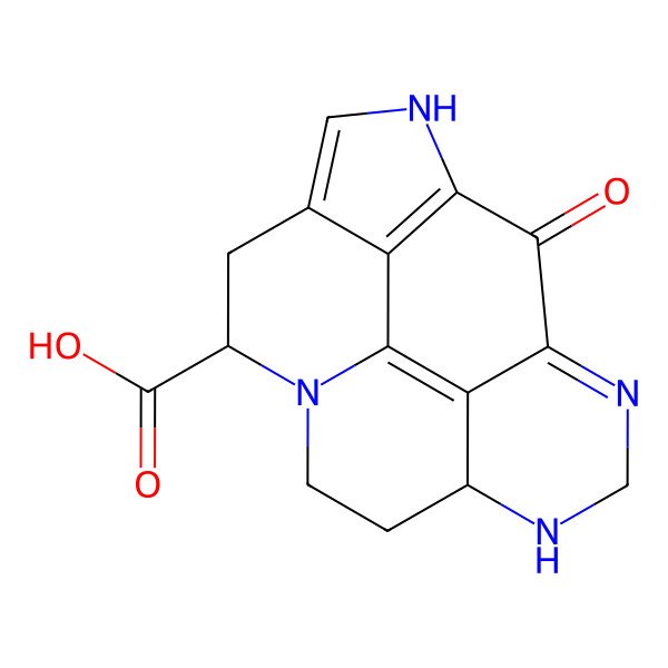 2D Structure of (6S)-18-oxo-2,7,11,13-tetrazapentacyclo[12.3.1.04,17.07,16.010,15]octadeca-1(17),3,13,15-tetraene-6-carboxylic acid