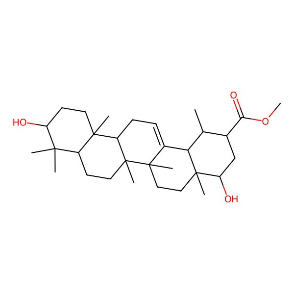 2D Structure of methyl 4,10-dihydroxy-1,4a,6a,6b,9,9,12a-heptamethyl-2,3,4,5,6,6a,7,8,8a,10,11,12,13,14b-tetradecahydro-1H-picene-2-carboxylate 2D Structure of methyl 4,10-dihydroxy-1,4a,6a,6b,9,9,12a-heptamethyl-2,3,4,5,6,6a,7,8,8a,10,11,12,13,14b-tetradecahydro-1H-picene-2-carboxylate