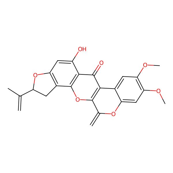 2D Structure of 10-Hydroxy-16,17-dimethoxy-21-methylidene-6-prop-1-en-2-yl-2,7,20-trioxapentacyclo[11.8.0.03,11.04,8.014,19]henicosa-1(13),3(11),4(8),9,14,16,18-heptaen-12-one