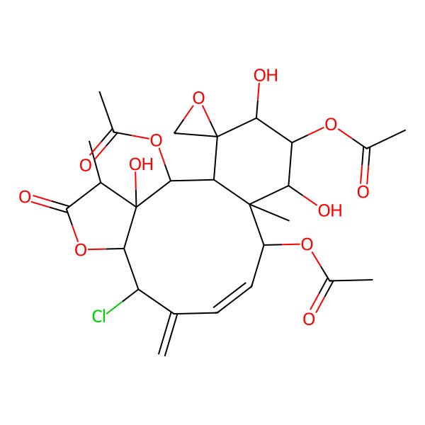 2D Structure of [(1S,2R,3R,4R,7R,8S,10Z,12S,13R,14R,15R,16R,17R)-2,15-diacetyloxy-8-chloro-3,14,16-trihydroxy-4,13-dimethyl-9-methylidene-5-oxospiro[6-oxatricyclo[11.4.0.03,7]heptadec-10-ene-17,2'-oxirane]-12-yl] acetate