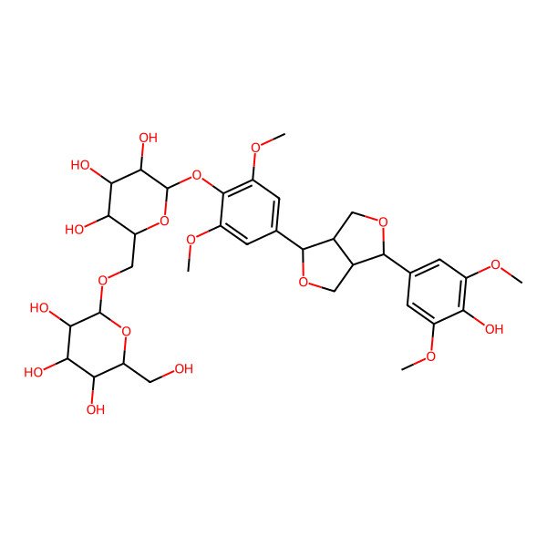 2D Structure of 2-(Hydroxymethyl)-6-[[3,4,5-trihydroxy-6-[4-[3-(4-hydroxy-3,5-dimethoxyphenyl)-1,3,3a,4,6,6a-hexahydrofuro[3,4-c]furan-6-yl]-2,6-dimethoxyphenoxy]oxan-2-yl]methoxy]oxane-3,4,5-triol