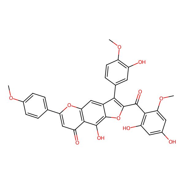 2D Structure of 2-(2,4-Dihydroxy-6-methoxybenzoyl)-9-hydroxy-3-(3-hydroxy-4-methoxyphenyl)-6-(4-methoxyphenyl)furo[2,3-g]chromen-8-one
