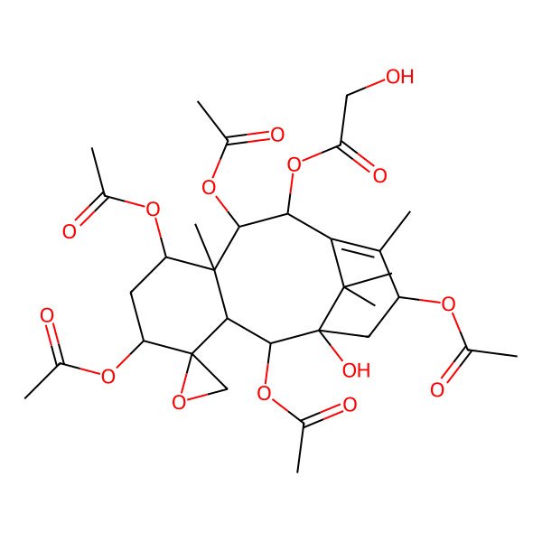 2D Structure of [(1'S,2R,2'S,3'R,5'S,7'S,8'S,9'R,10'R,13'S)-2',5',7',9',13'-pentaacetyloxy-1'-hydroxy-8',12',15',15'-tetramethylspiro[oxirane-2,4'-tricyclo[9.3.1.03,8]pentadec-11-ene]-10'-yl] 2-hydroxyacetate