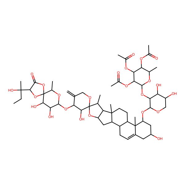 2D Structure of [(2R,3R,4R,5R,6R)-4,5-diacetyloxy-6-[(2R,3R,4S,5R)-2-[(1S,2S,3'R,4R,4'R,6R,7S,8S,9R,12R,13R,16R)-4'-[[(2S,5S,6S,7R,8S,10R)-6,7-dihydroxy-2-[(2S)-2-hydroxybutan-2-yl]-10-methyl-3-oxo-1,4,9-trioxaspiro[4.5]decan-8-yl]oxy]-3',16-dihydroxy-7,9,13-trimethyl-5'-methylidenespiro[5-oxapentacyclo[10.8.0.02,9.04,8.013,18]icos-18-ene-6,2'-oxane]-14-yl]oxy-4,5-dihydroxyoxan-3-yl]oxy-2-methyloxan-3-yl] acetate