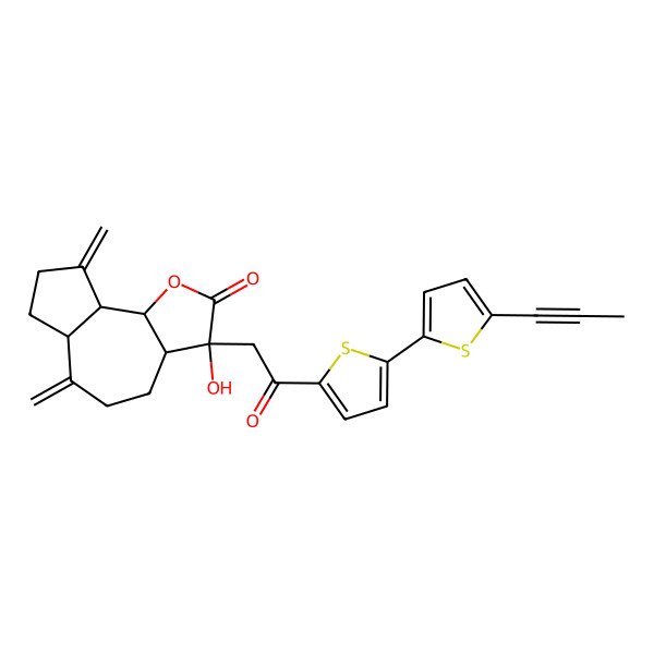 2D Structure of (3R,3aR,6aR,9aR,9bR)-3-hydroxy-6,9-dimethylidene-3-[2-oxo-2-[5-(5-prop-1-ynylthiophen-2-yl)thiophen-2-yl]ethyl]-3a,4,5,6a,7,8,9a,9b-octahydroazuleno[4,5-b]furan-2-one
