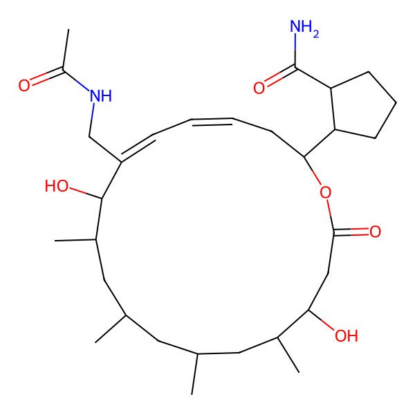 2D Structure of (1S)-2-[(2R,4E,6Z,8S,9S,11S,13R,15R,16R)-7-(acetamidomethyl)-8,16-dihydroxy-9,11,13,15-tetramethyl-18-oxo-1-oxacyclooctadeca-4,6-dien-2-yl]cyclopentane-1-carboxamide